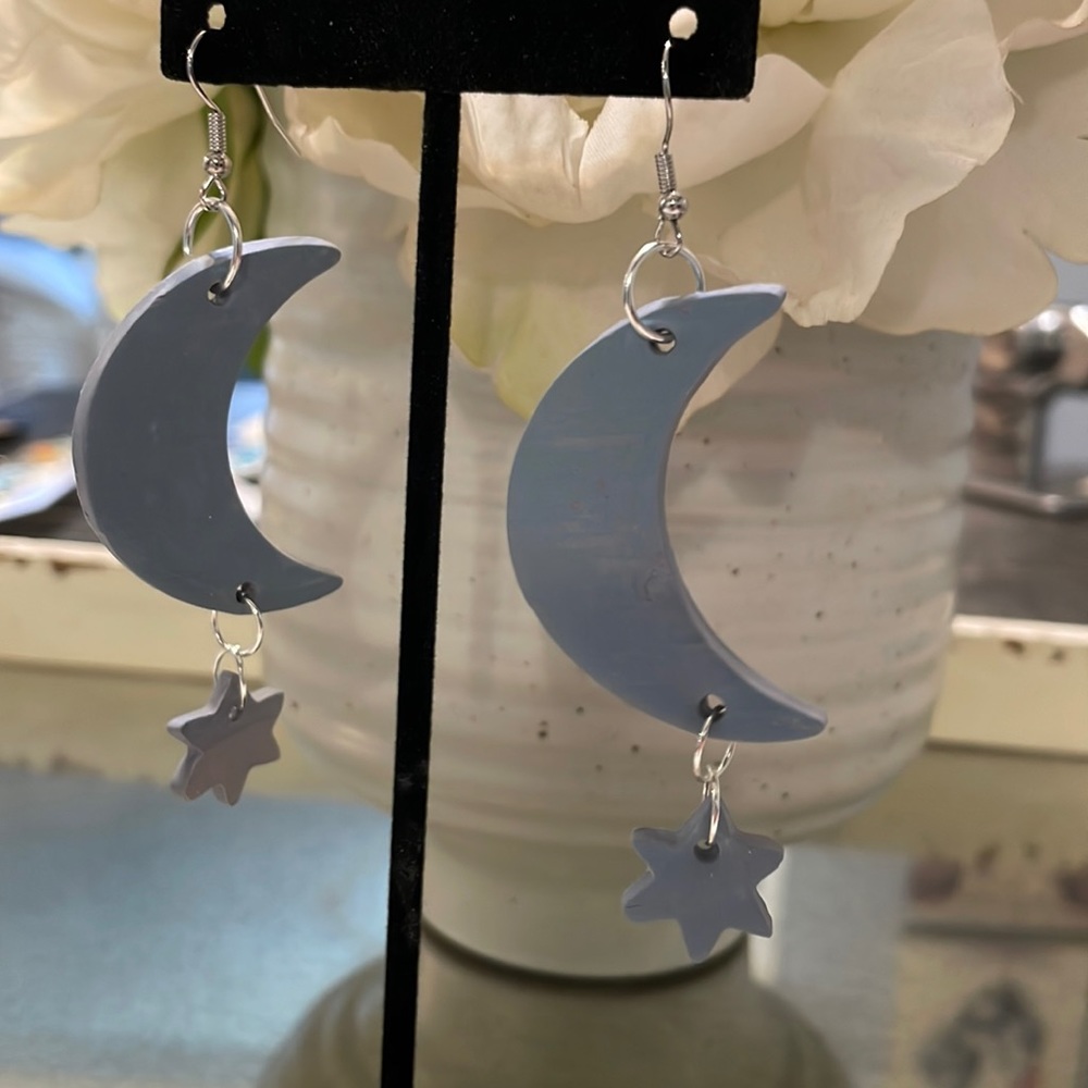 Gray moon and Star clay earrings